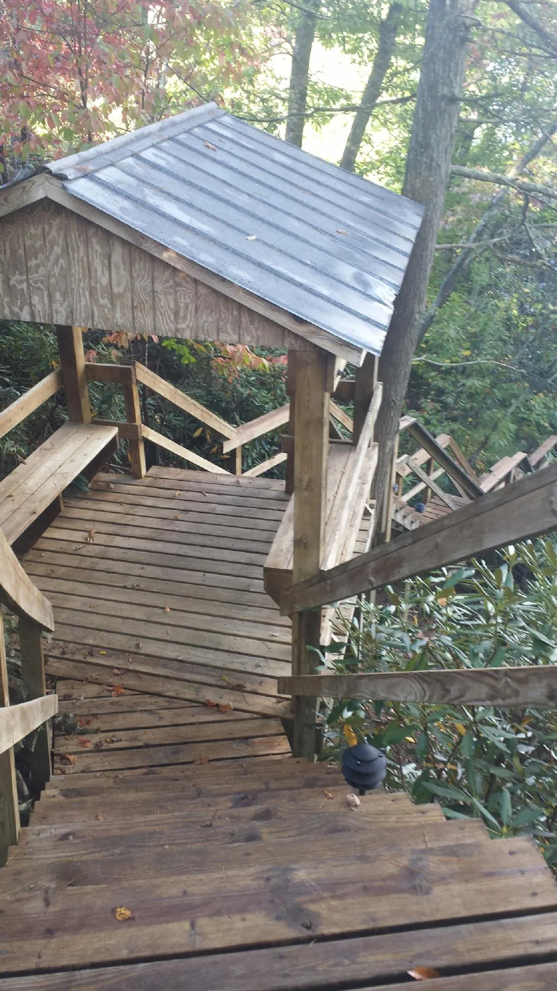 Metal roofed shelter over wooden steps on a wooded walkway — Skylight Repair & Installation work by our crew in Randlett